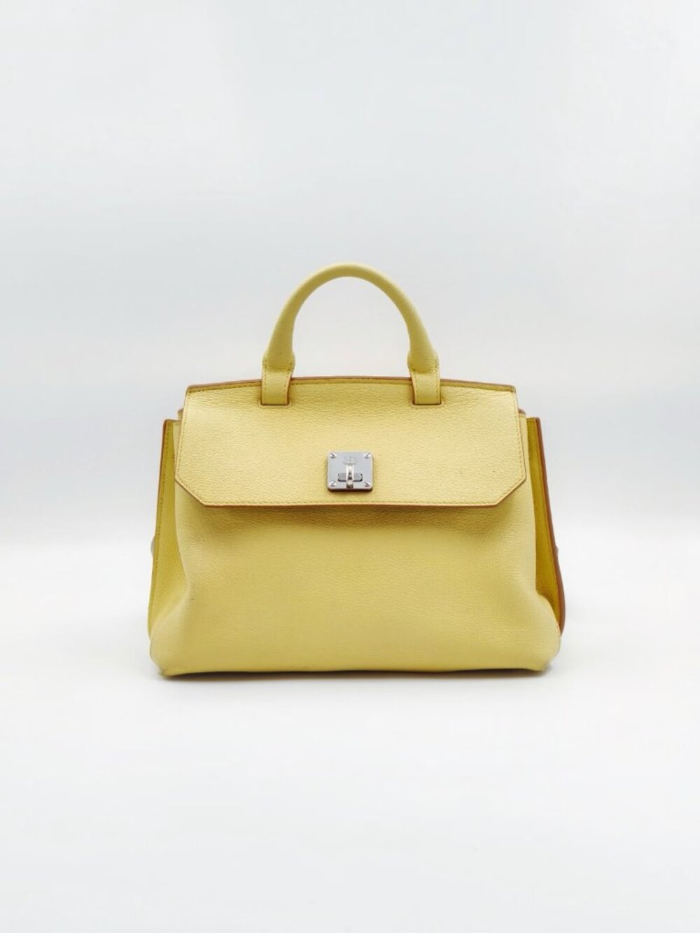 MCM Milla Pebbled Leather Satchel Yellow Top Handle Shoulder Bag Strap Card